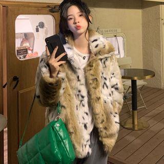 Leopard Fluffy Coat Leopard - Khaki & White - One Size
