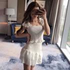 Set: Puff-sleeve Frill Trim Top + Mini Skirt