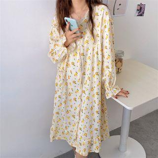 Bell-sleeve Floral Print Linen Sleep Dress 9332 - Yellow - One Size