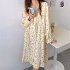 Bell-sleeve Floral Print Linen Sleep Dress 9332 - Yellow - One Size