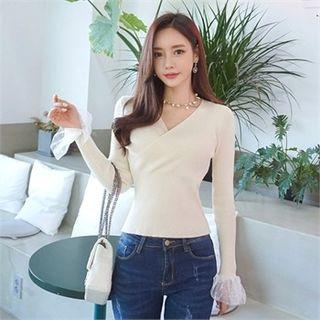 Wrap-front Mesh-cuff Knit Top