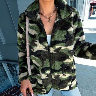Camo Long-sleeve Fluffy Zip-up Jacket
