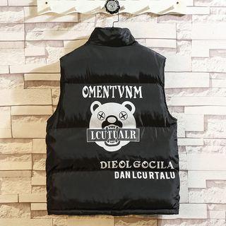 Sleeveless Bear Printed Lettering Padded Coat