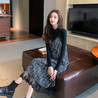 Set: Long-sleeve Top + Spaghetti Strap Floral Lace Midi A-line Dress