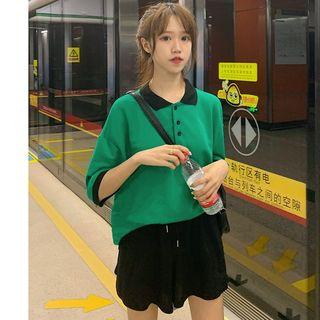 3/4-sleeve Contrast Trim Polo Shirt / Wide-leg Shorts