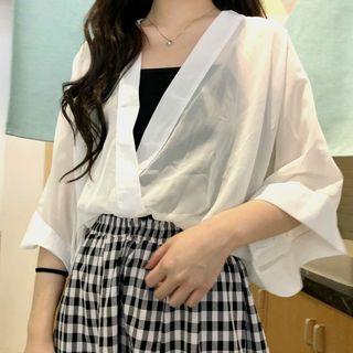 See-through V-neck Loose-fit Short-sleeve Shirt + Tube Top