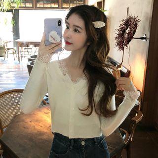 Long-sleeve Lace Trim Button-up Knit Top White - One Size