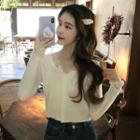 Long-sleeve Lace Trim Button-up Knit Top White - One Size
