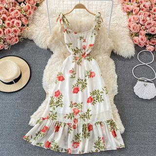 Retro Floral Print Sleeveless Chiffon Maxi Dress