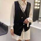 Set: Long-sleeve Mini Shirt Dress + Asymmetric Buttoned Vest