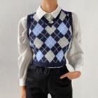 Cropped Argyle Sweater Vest / Long-sleeve Shirt