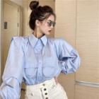 Plain Puff-sleeve Loose-fit Shirt Blue - One Size