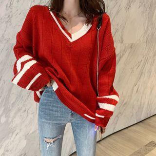 Color-block V-neck Sweater Red - One Size