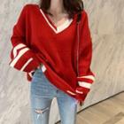 Color-block V-neck Sweater Red - One Size