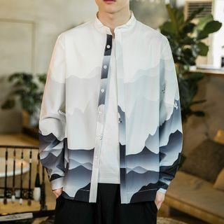 Long-sleeve Stand Collar Scenery Print Shirt