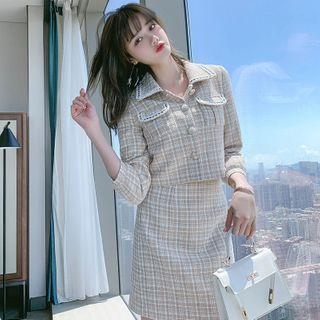 Set: Plaid 3/4-sleeve Button Jacket + A-line Skirt
