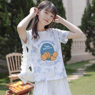 Short-sleeve Tie-dyed Biscuit Print T-shirt