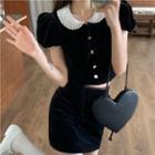 Short-sleeve Velvet Lace Top / Plain Mini Skirt