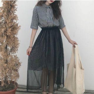 Set: Plaid Elbow Sleeve Dress + Midi Mesh Skirt