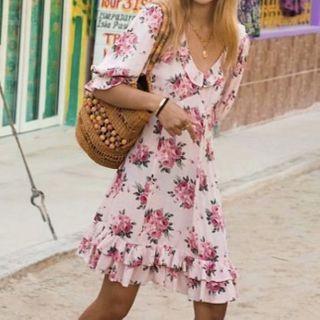 V-neck Floral Ruffle Trim Mini A-line Dress