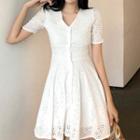 Short-sleeve A-line Lace Dress White - One Size