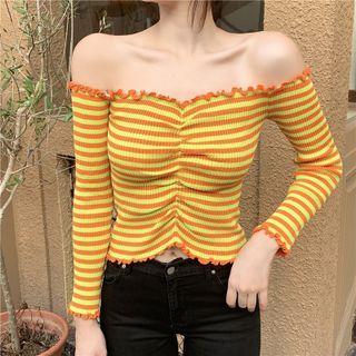 Off-shoulder Striped Wood Ear Trim Knit Top