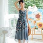 Mesh Panel Rose Print Midi Spaghetti Strap Dress