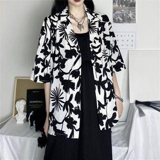 Flower-print Short-sleeve Button-down Shirt
