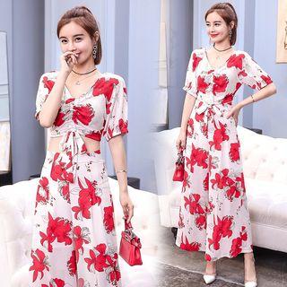 Set: Flower Print Crop Top + Wide-leg Pants