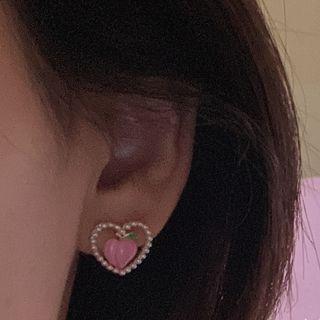 Heart Stud Earring 1 Pair - White & Pink - One Size