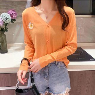 Cartoon Flower Embroidered Knit Cardigan