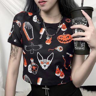 Short-sleeve Halloween Cartoon Print T-shirt