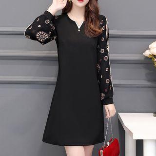 Long-sleeve Pattern Panel Shift Dress