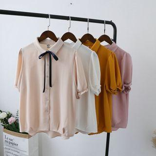 Tie Neck Elbow-sleeve Blouse