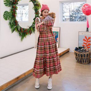 Tiered-hem Checked Long Dress