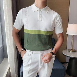 Elbow-sleeve Polo Neck Color Block Knit Top