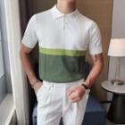 Elbow-sleeve Polo Neck Color Block Knit Top