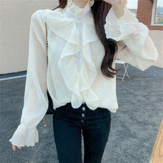 Ruffle Trim Faux Pearl Button Blouse