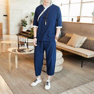 Set: Contrast Trim Elbow-sleeve T-shirt + Cropped Harem Pants