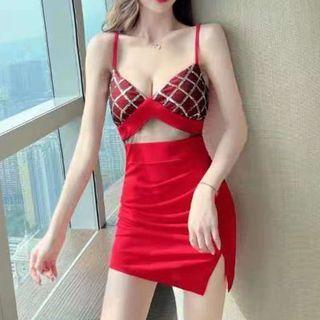 Spaghetti Strap Embellished Mini Sheath Dress