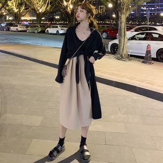 Plain Long-sleeve Shirt / Color-block Strappy Midi Dress