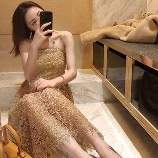 Spaghetti Strap Sequined A-line Evening Dress
