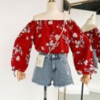 Off-shoulder Print Lantern-sleeve Lace Up Strap Chiffon Top Red - One Size
