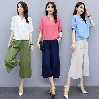 Set: Elbow-sleeve Blouse + Wide-leg Linen Capri Pants