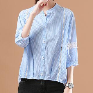 3/4-sleeve Lace Panel Pinstripe Blouse