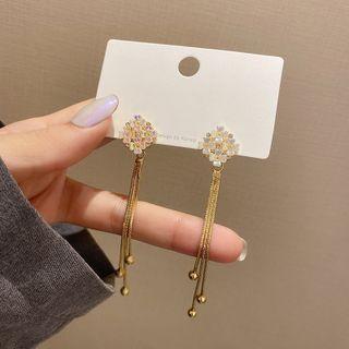 Flower Rhinestone Fringed Earring 1 Pair - A430 - 925 Silver - Gold - One Size