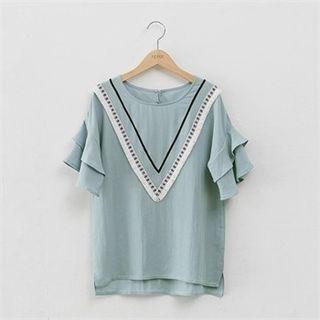 Ruffle-sleeve Dip-back T-shirt