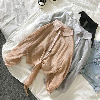Lantern-sleeve Drawstring Light Cardigan