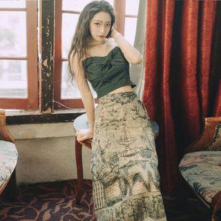 Set: Mesh Panel Long-sleeve Top + Printed Midi Skirt