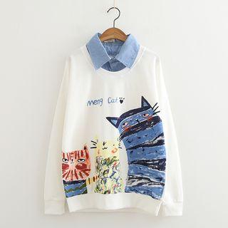 Mock Two-piece Cat Print Collared Sweatshirt